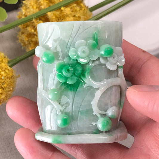 54.3 mm Jadeite Jade Green Carved Flower Pen Toothpick Holder Display Desk