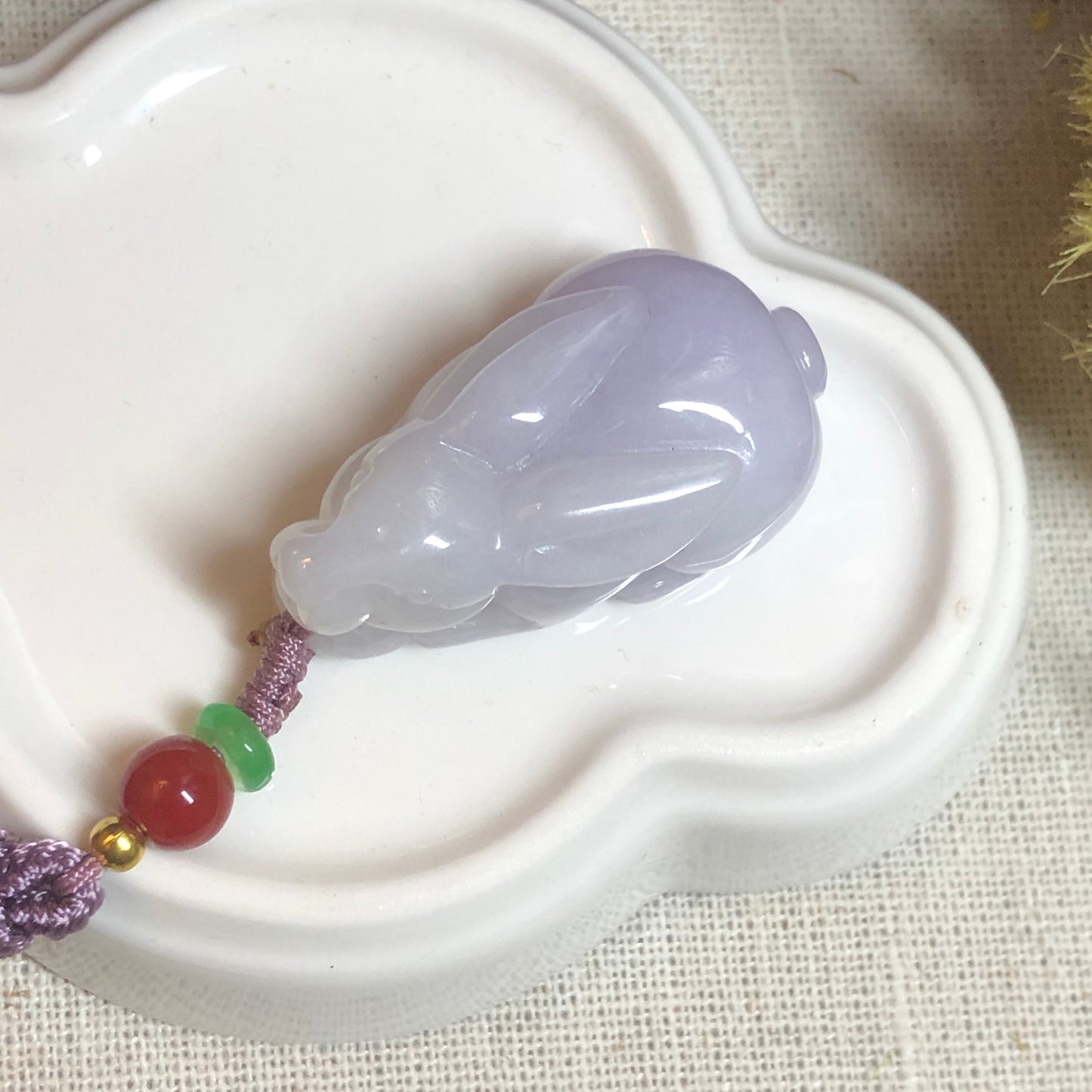 34.8 mm Jadeite Jade Lavender 3D Carved Rabbit Bunny Charm Pendant