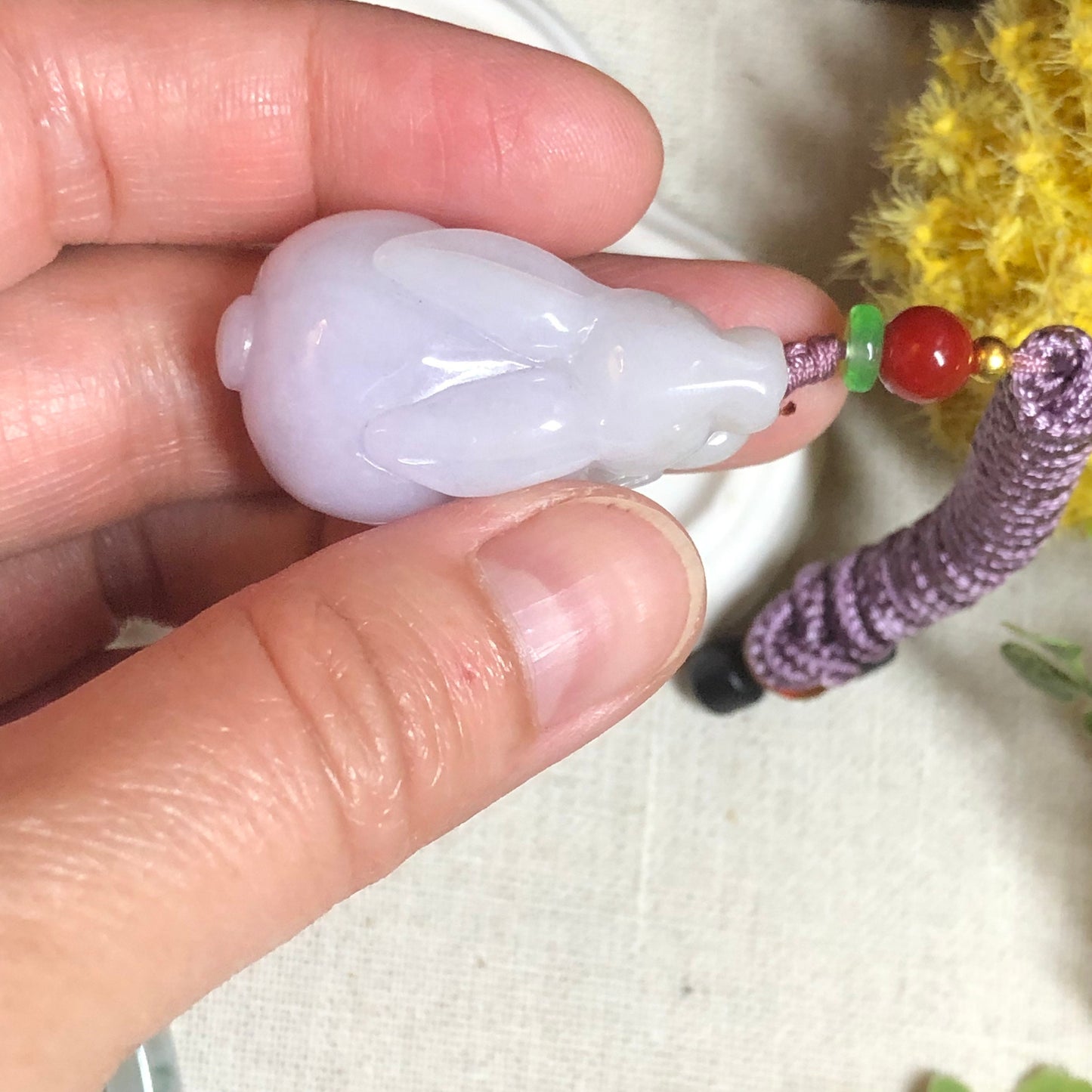 34.8 mm Jadeite Jade Lavender 3D Carved Rabbit Bunny Charm Pendant