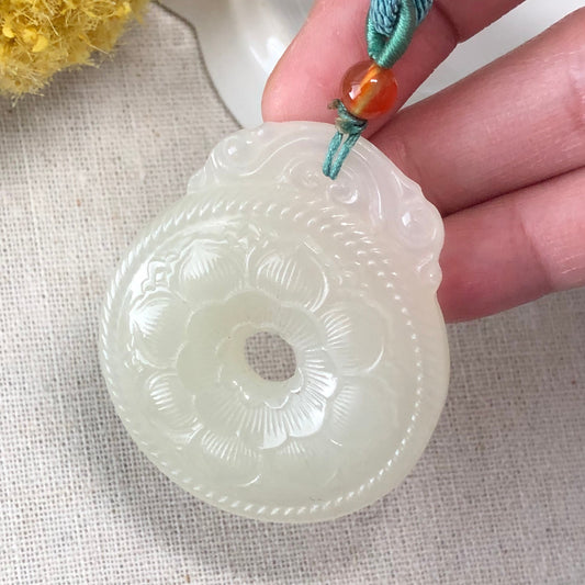 42.1 mm Hetian Jade Icy Carved Floral Peace Donut Pendant RARE