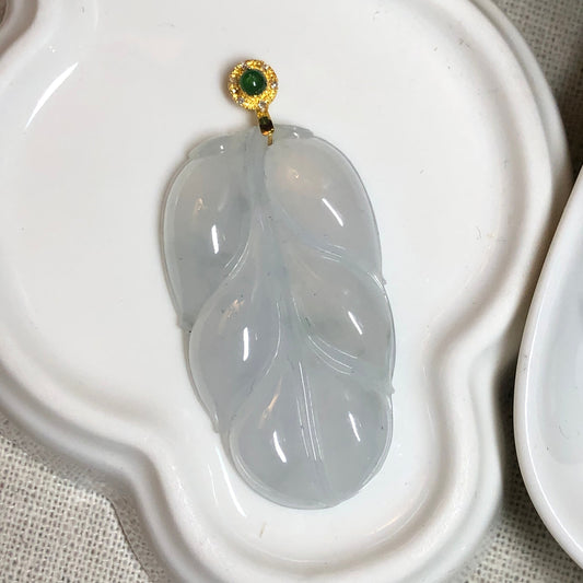 37.4 mm Jadeite Jade Icy Carved Leaf with 18K yellow gold Cabochon bail