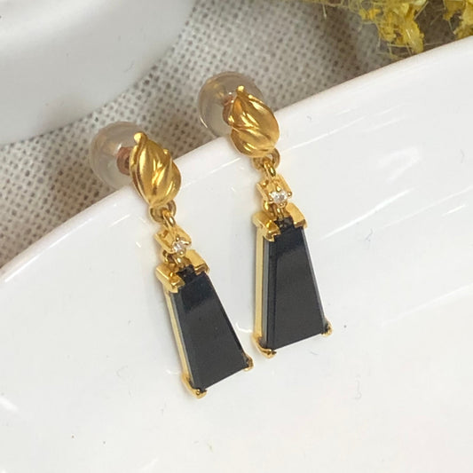 24 mm Jadeite Jade Icy Black Omphacite pole dangle earrings set on 18K yellow gold