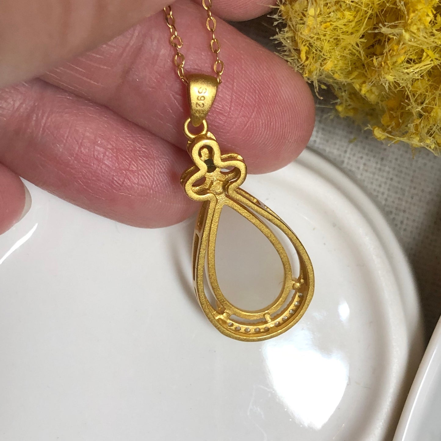 34.6mm Hetian Jade 925s Sterling Silver Gold Case Drop Pendant RARE