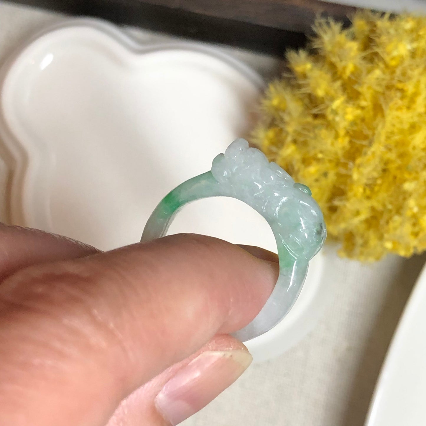 Jadeite Jade Green Moss Carved Pixiu Band Ring