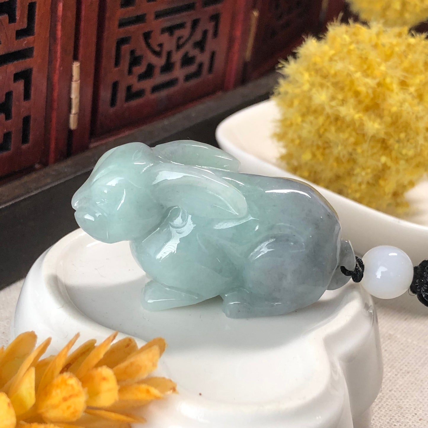 48.5 mm Jadeite Jade Wuji Green 3D Carved Rabbit Bunny Charm Keychain