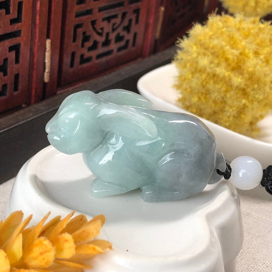 48.5 mm Jadeite Jade Wuji Green 3D Carved Rabbit Bunny Charm Keychain
