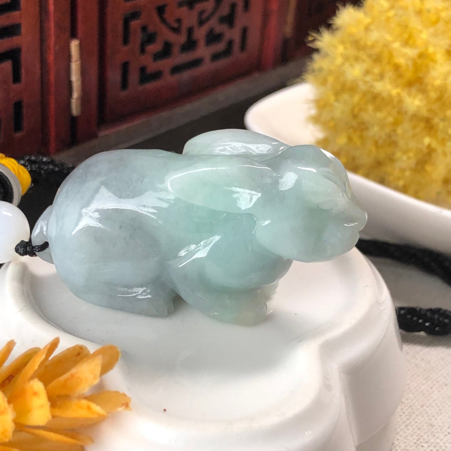 48.5 mm Jadeite Jade Wuji Green 3D Carved Rabbit Bunny Charm Keychain