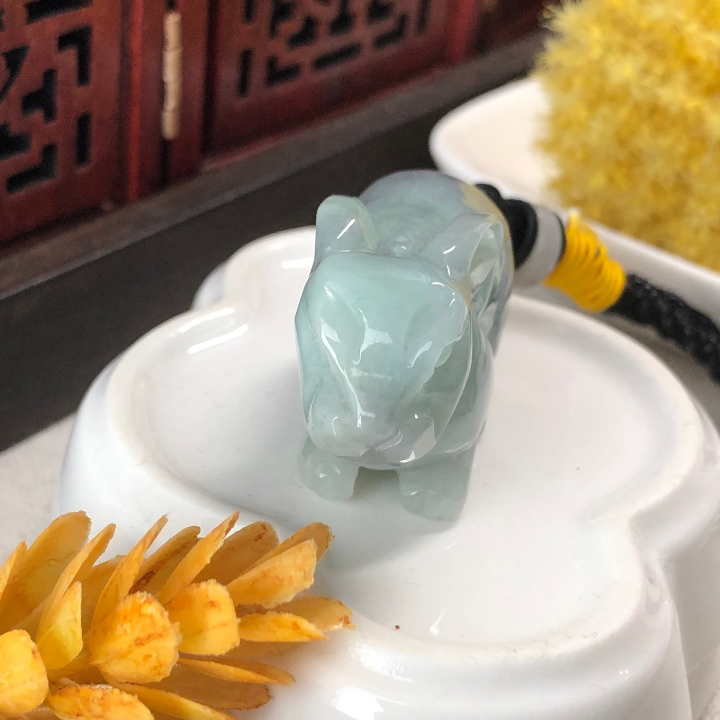 48.5 mm Jadeite Jade Wuji Green 3D Carved Rabbit Bunny Charm Keychain