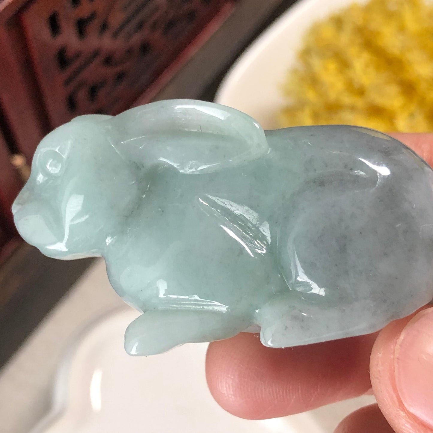 48.5 mm Jadeite Jade Wuji Green 3D Carved Rabbit Bunny Charm Keychain