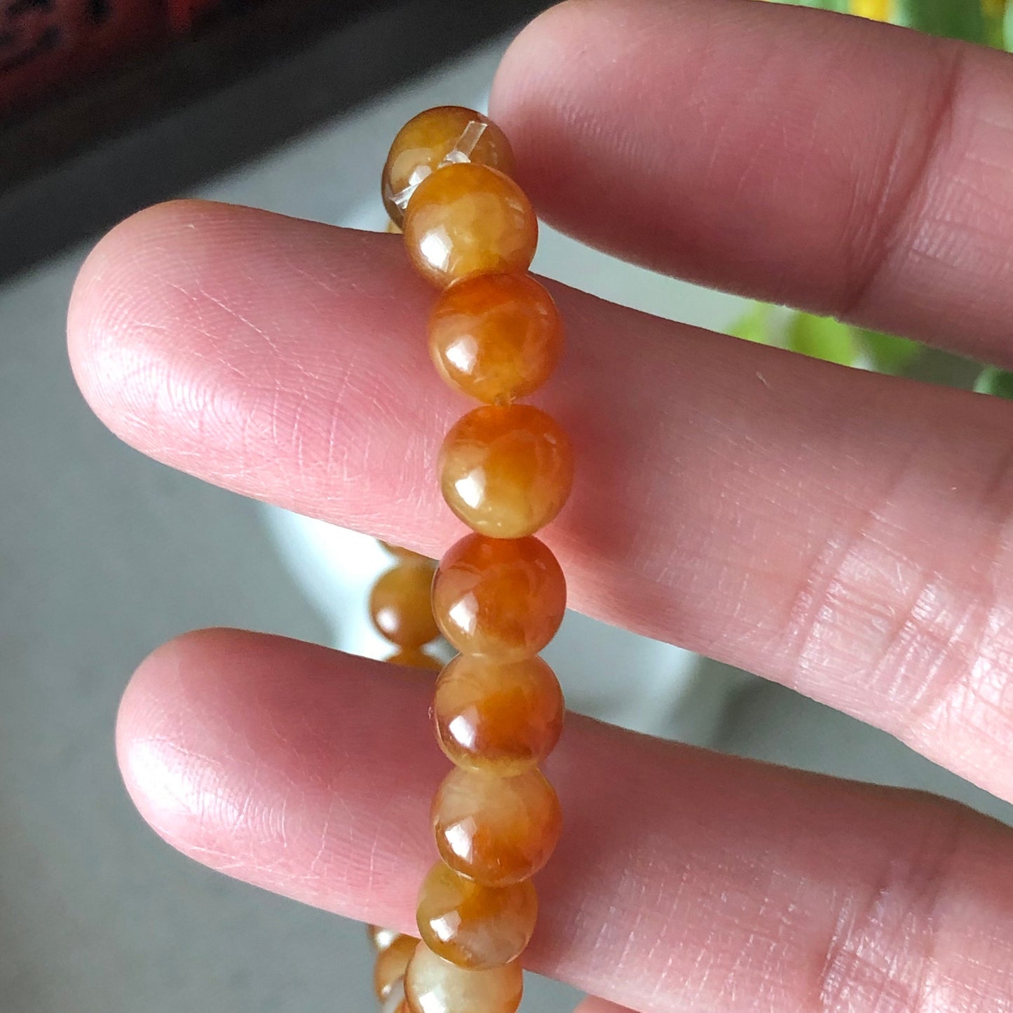 6.6 mm Jadeite Jade Icy Yellow Brown Gradient Bead Bracelet 28pcs.