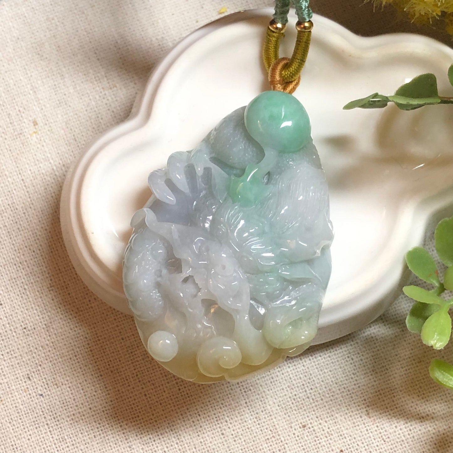 56.8 mm Jadeite Jade Yellow Green 3D Carved Dragon Pendant Charm