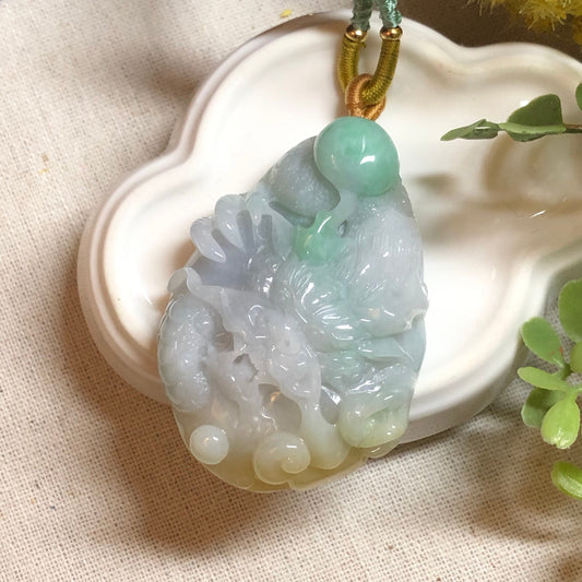 56.8 mm Jadeite Jade Yellow Green 3D Carved Dragon Pendant Charm