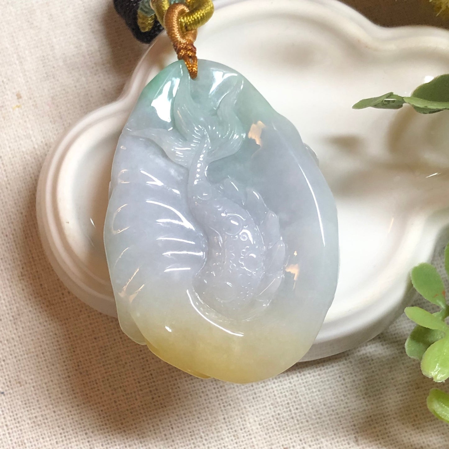 56.8 mm Jadeite Jade Yellow Green 3D Carved Dragon Pendant Charm