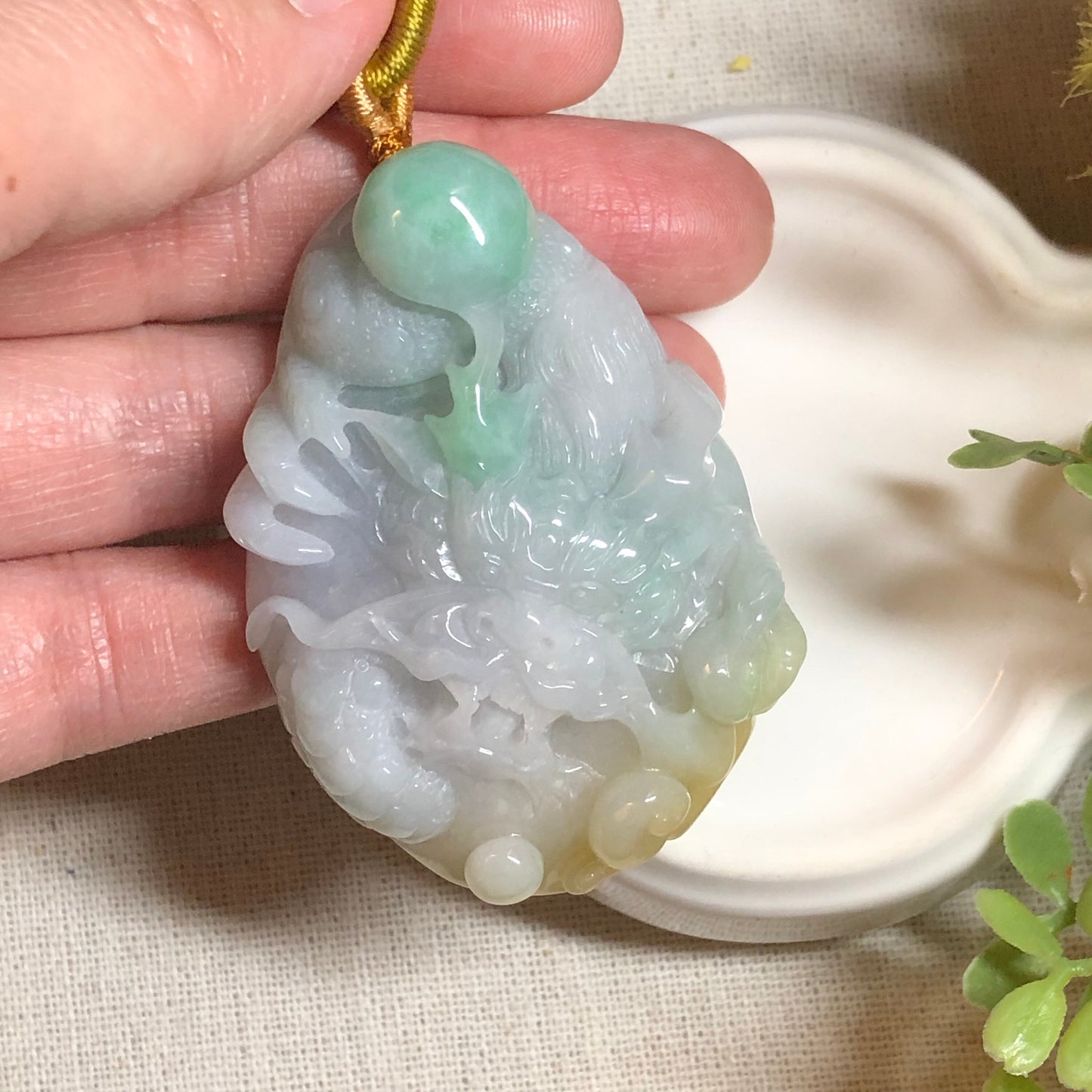 56.8 mm Jadeite Jade Yellow Green 3D Carved Dragon Pendant Charm