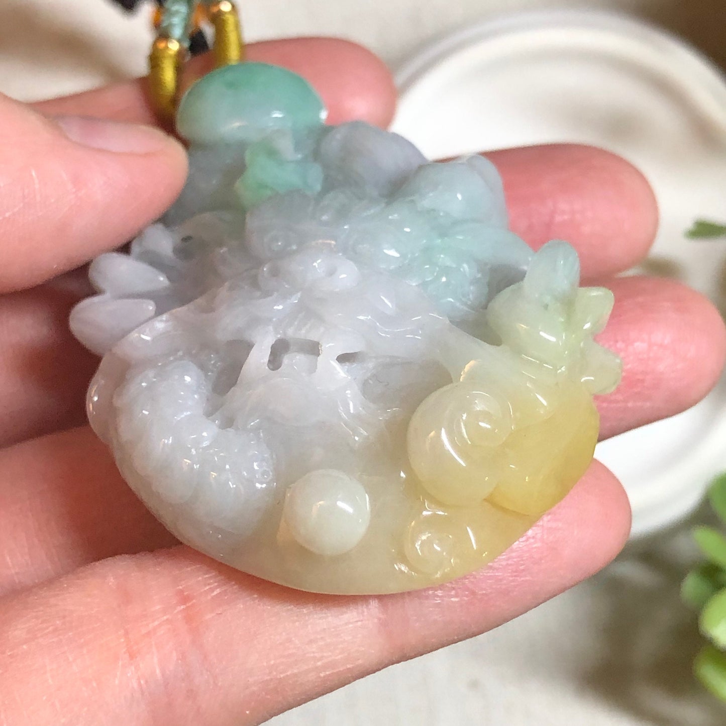 56.8 mm Jadeite Jade Yellow Green 3D Carved Dragon Pendant Charm