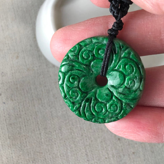 29.9mm Jadeite Jade Earthy Green Carved Flower Peace Donut Pendant