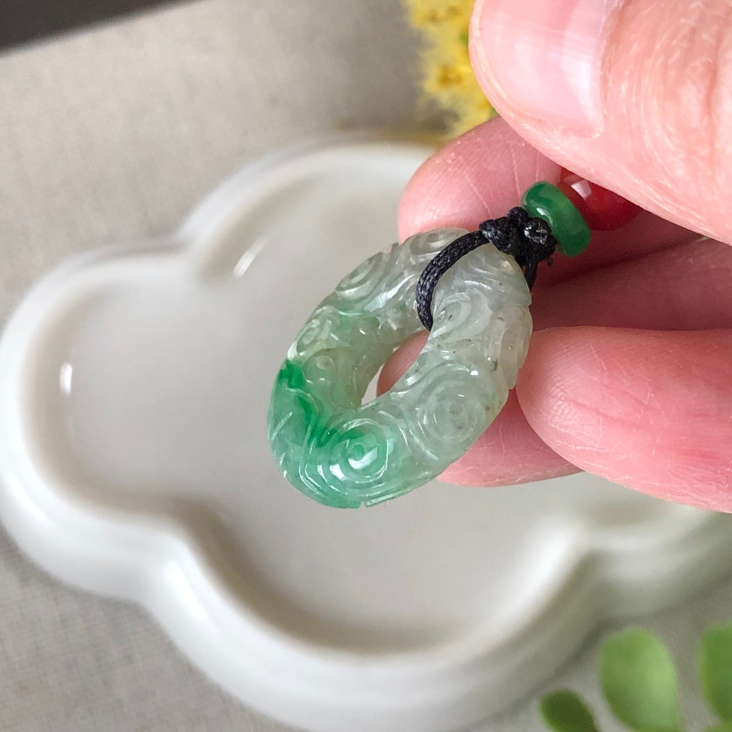 22.2mm Jadeite Jade Icy moss Green Carved Peace Donut Pendant