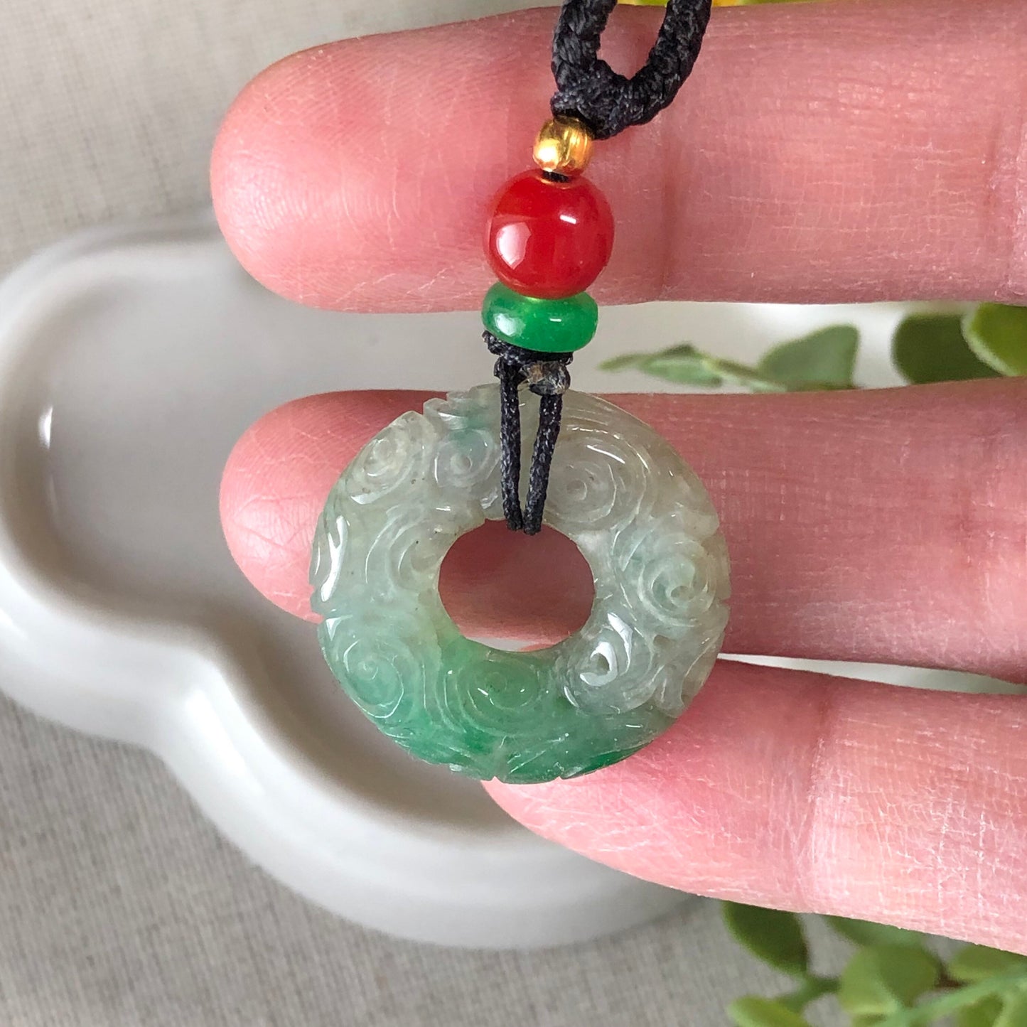 22.2mm Jadeite Jade Icy moss Green Carved Peace Donut Pendant