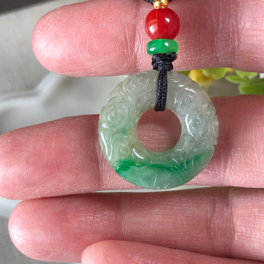 22.2mm Jadeite Jade Icy moss Green Carved Peace Donut Pendant