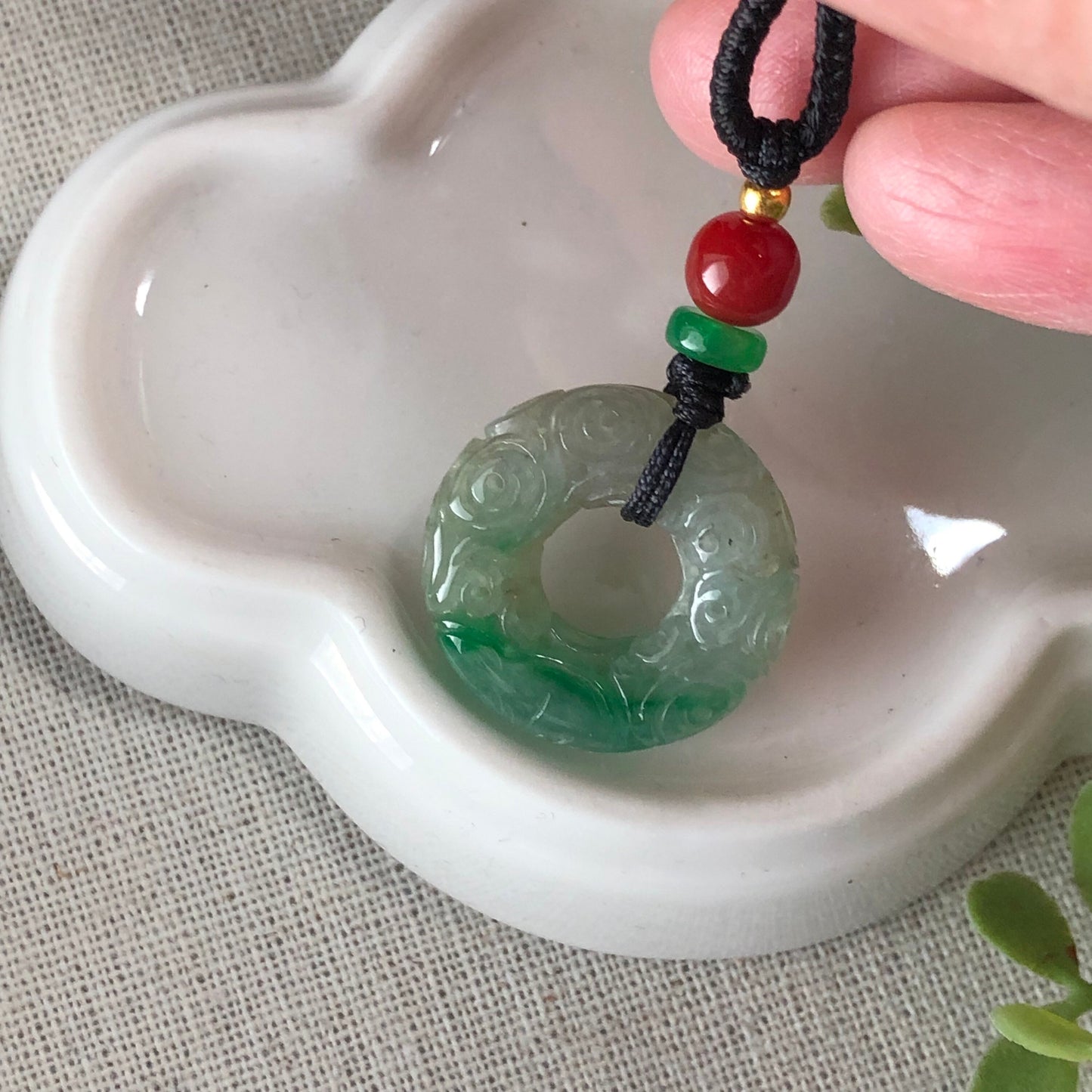 22.2mm Jadeite Jade Icy moss Green Carved Peace Donut Pendant