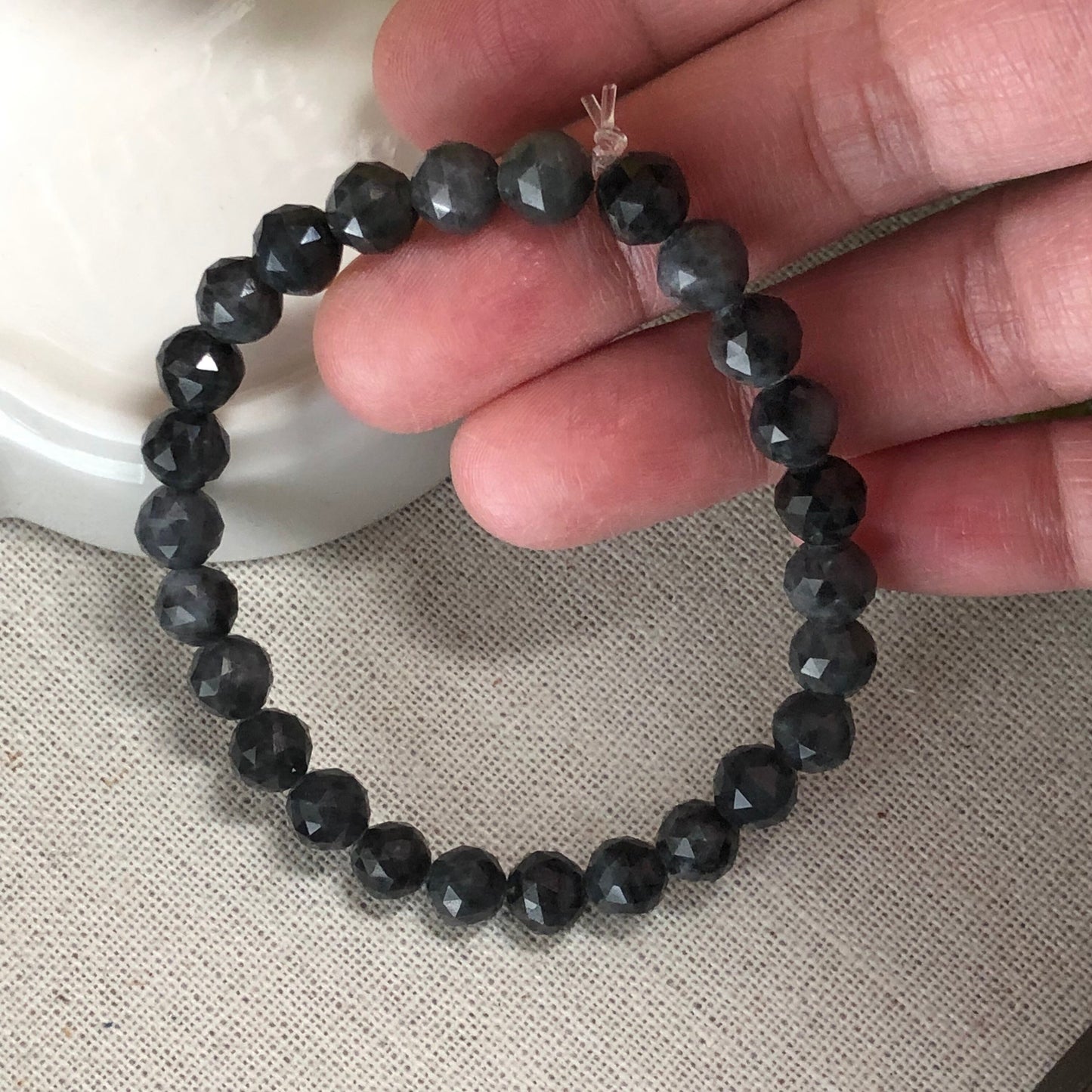 Reserved: 6.5 mm Jadeite Jade Diamond Cut Wuji Bead Bracelet 27pcs.