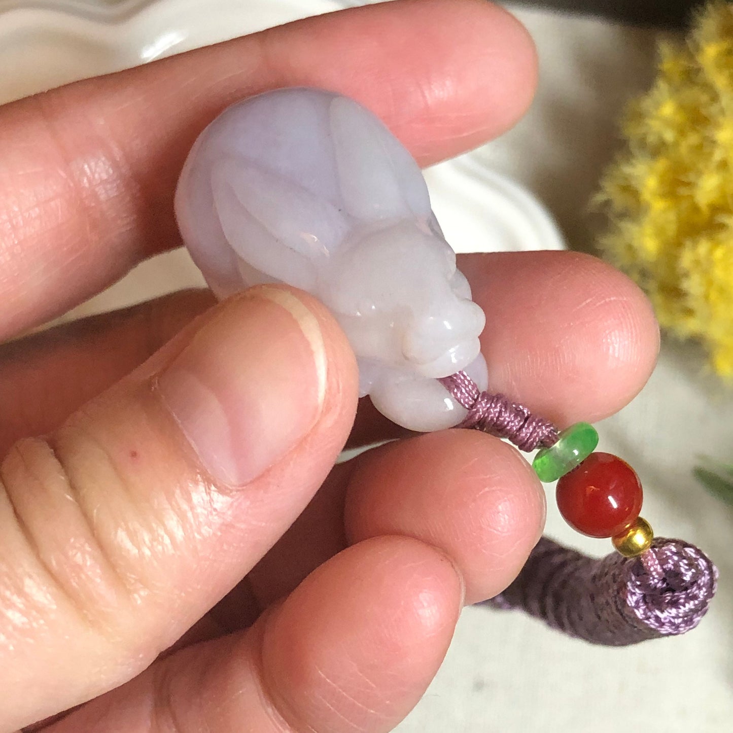 34.8 mm Jadeite Jade Lavender 3D Carved Rabbit Bunny Charm Pendant