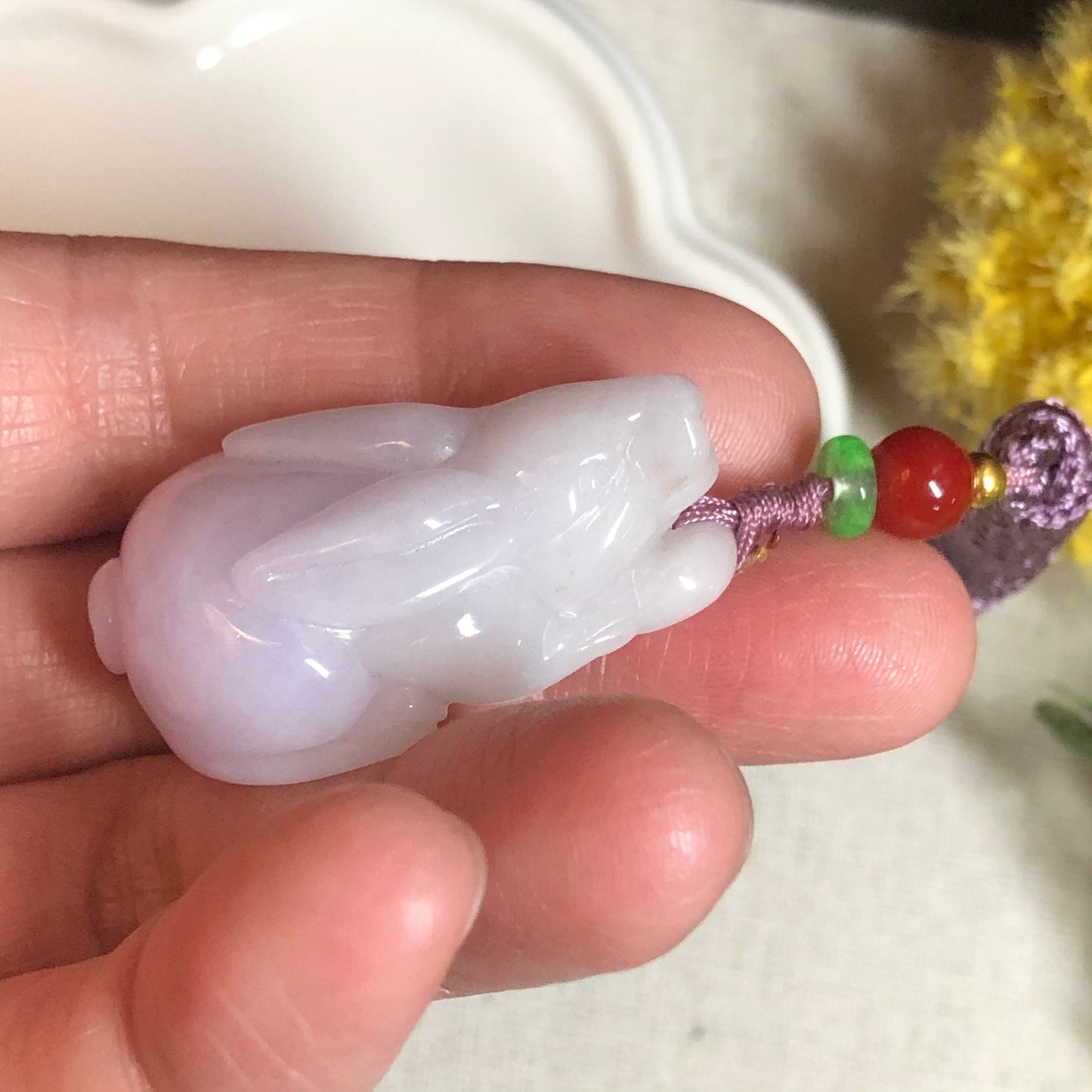 34.8 mm Jadeite Jade Lavender 3D Carved Rabbit Bunny Charm Pendant