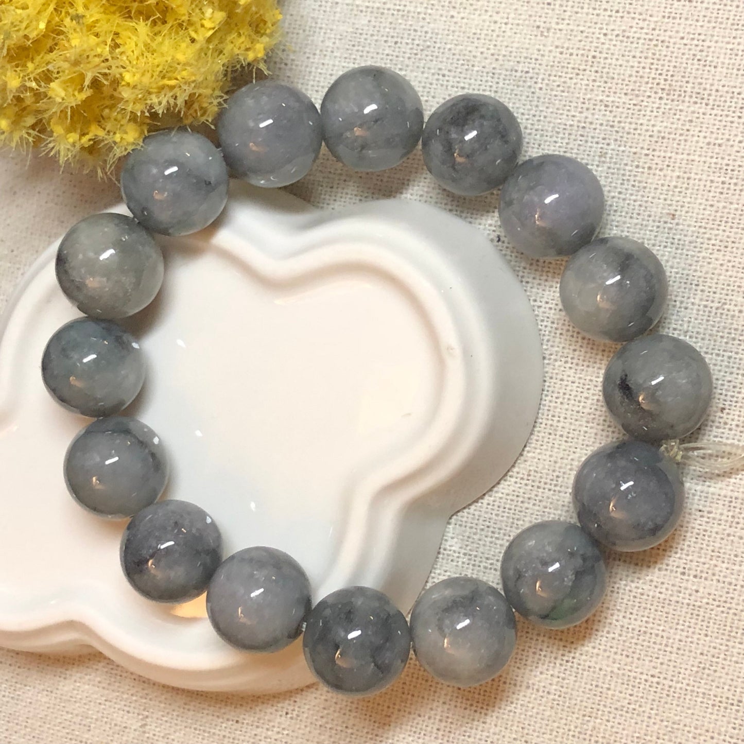 13.1 mm Grade A Wuji Grey Jadeite Jade Bead Bracelet 13.1 mm x 16 pcs. Style A