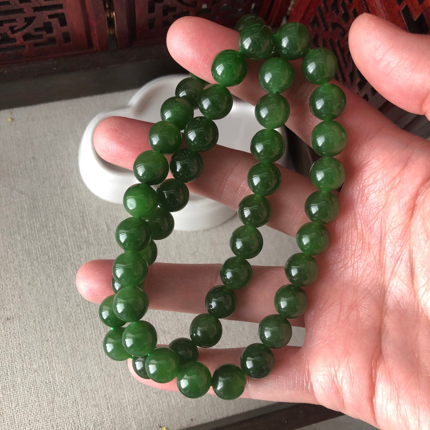 9.5 mm Grade A Icy Hetian Jade Imperial Green Bead Bracelet Necklace 48pcs.