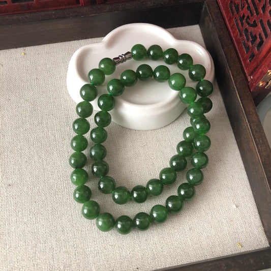 9.5 mm Grade A Icy Hetian Jade Imperial Green Bead Bracelet Necklace 48pcs.