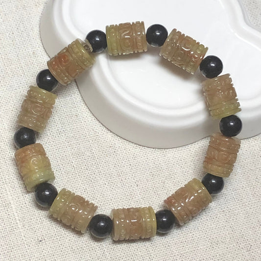 10.2 mm Grade A Jade Jadeite Yellow Brown Carved Asian Pattern Bead Bracelet