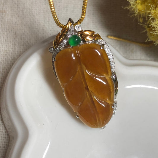 31 mm Jadeite Jade Icy Yellow Brown Carved Leaf set on 18K white gold