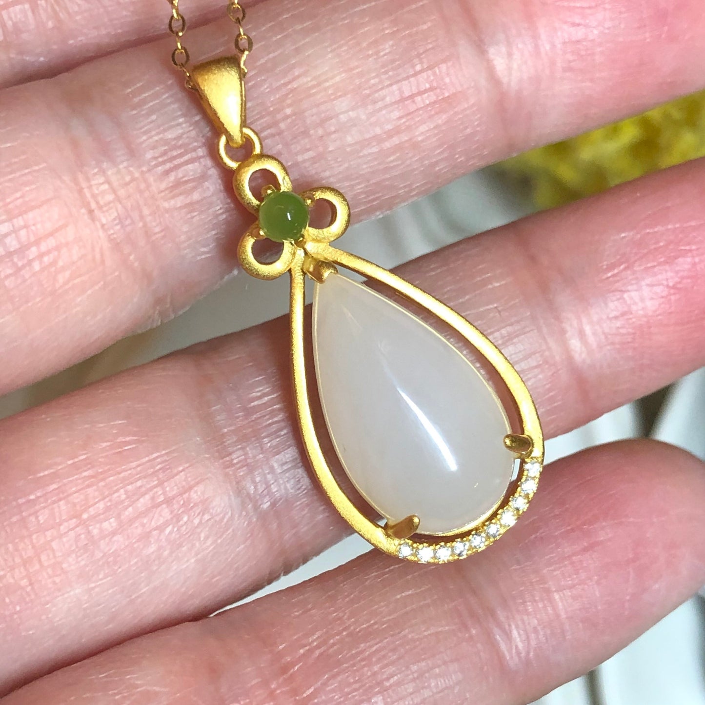 34.6mm Hetian Jade 925s Sterling Silver Gold Case Drop Pendant RARE