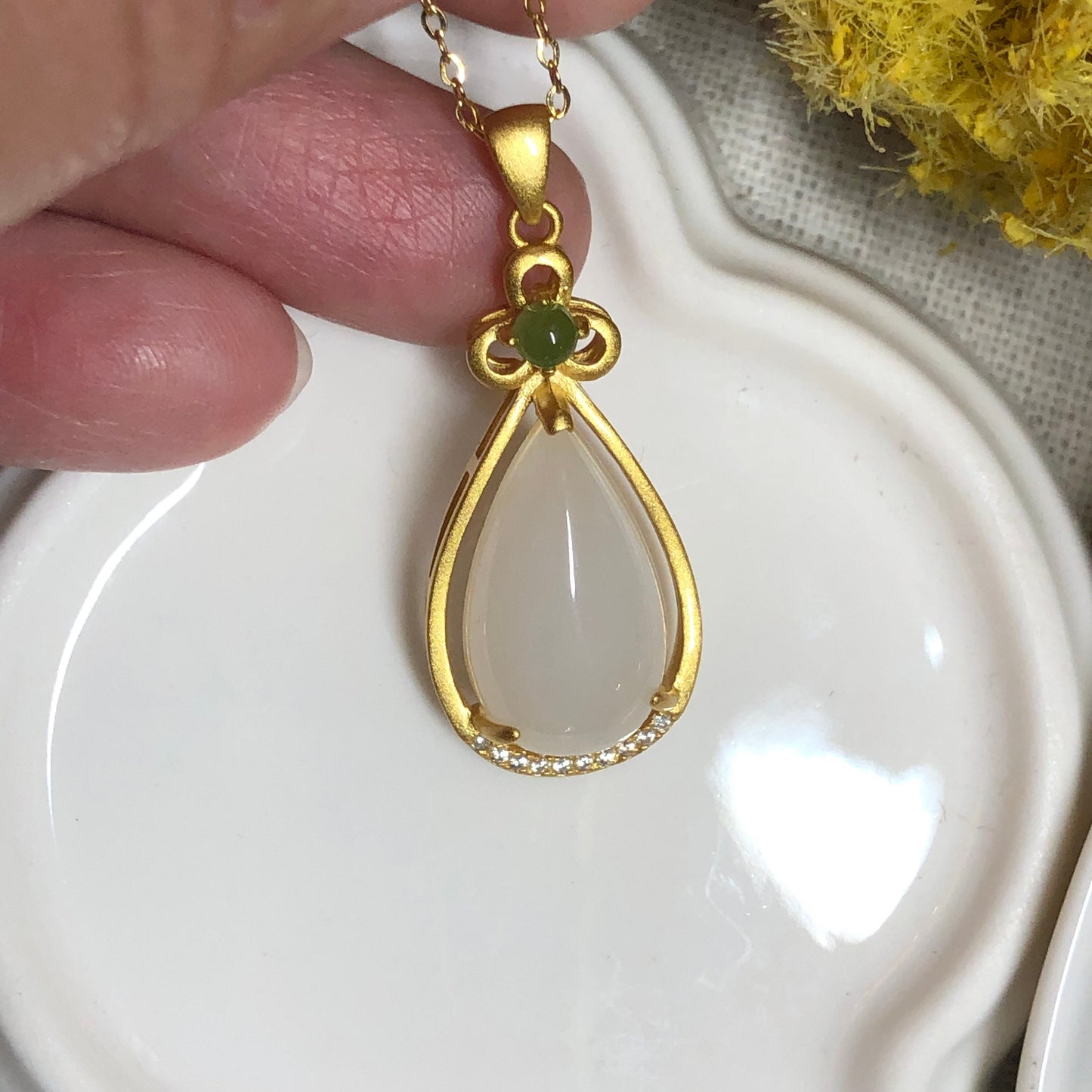 34.6mm Hetian Jade 925s Sterling Silver Gold Case Drop Pendant RARE