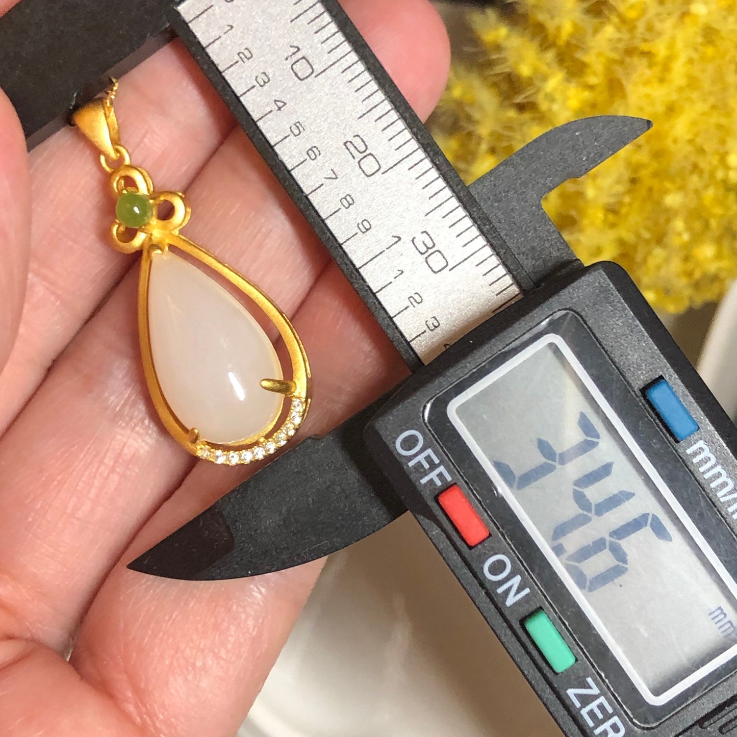 34.6mm Hetian Jade 925s Sterling Silver Gold Case Drop Pendant RARE