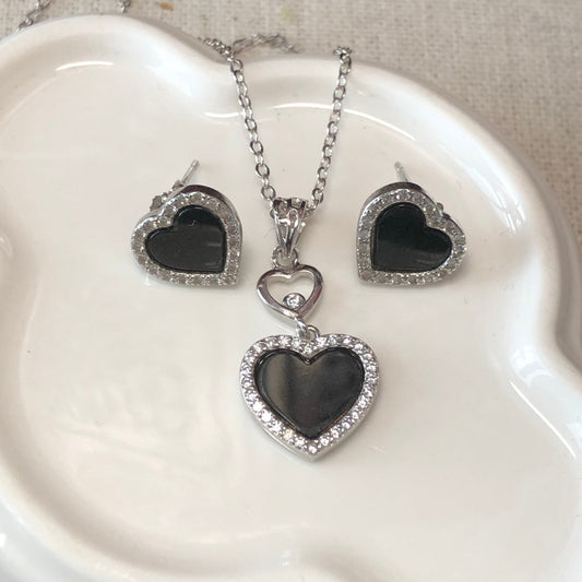SALE: GRADE A Omphacite Heart Pendant Earring Set Jade Pendant 925K Silver