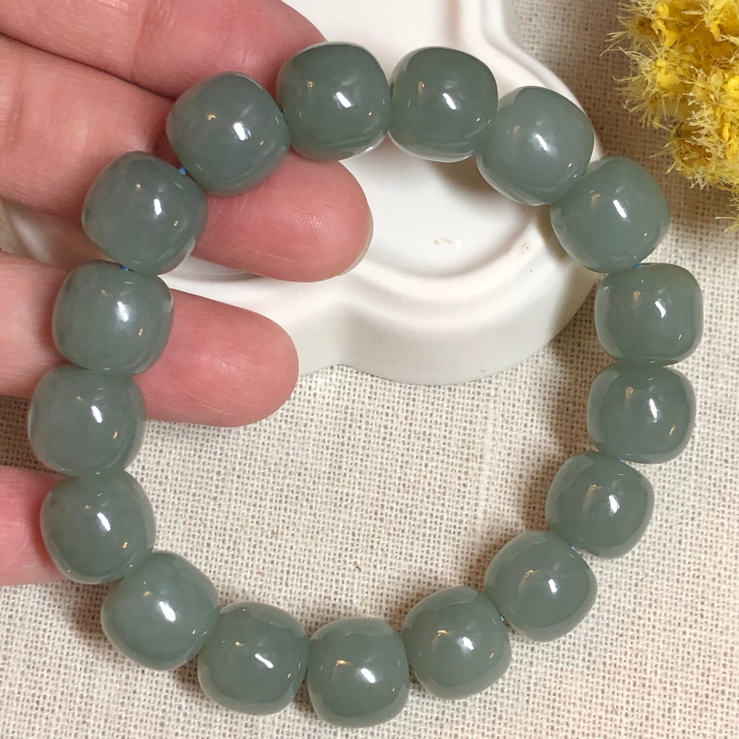 12 mm Grade A Hetian Jade Green Blue Cylinder Smooth Polished Jade Bracelet 17pcs