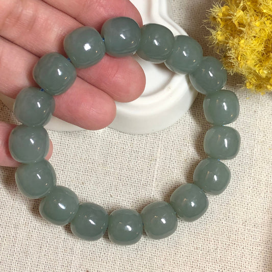12 mm Grade A Hetian Jade Green Blue Cylinder Smooth Polished Jade Bracelet 17pcs