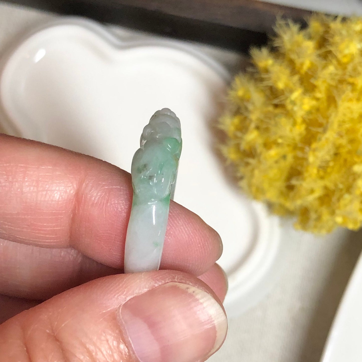Jadeite Jade Green Moss Carved Pixiu Band Ring
