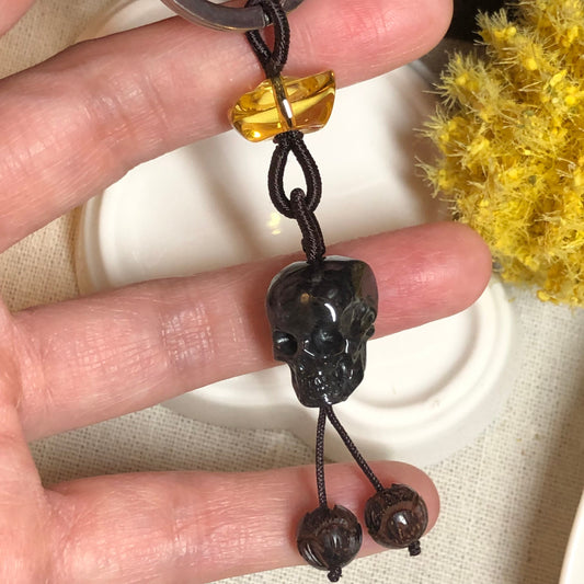 19.1mm Carved Wuji Black Jadeite Jade 3D Skeletal Head Keychain Charm