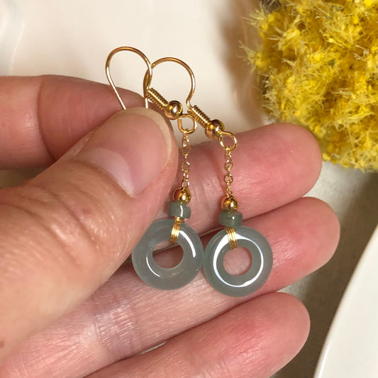 Dainty Cute Grade A  Sky Blue Jadeite Jade Dangle drop peace donut shaped earrings set on 14K Gold