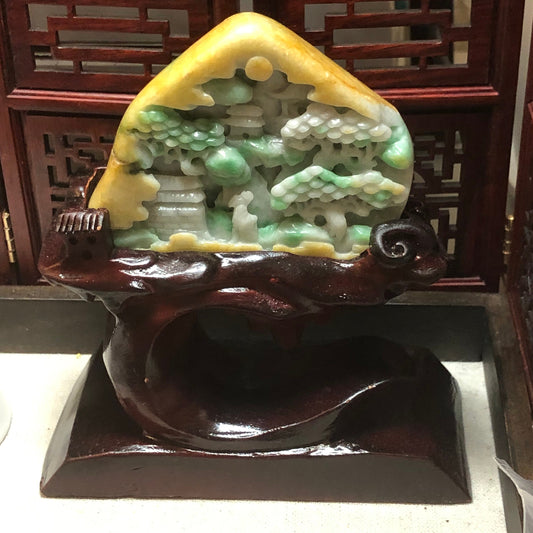 62.8mm Jadeite Jade Yellow Green Carved Statue Display Scenery Landscape