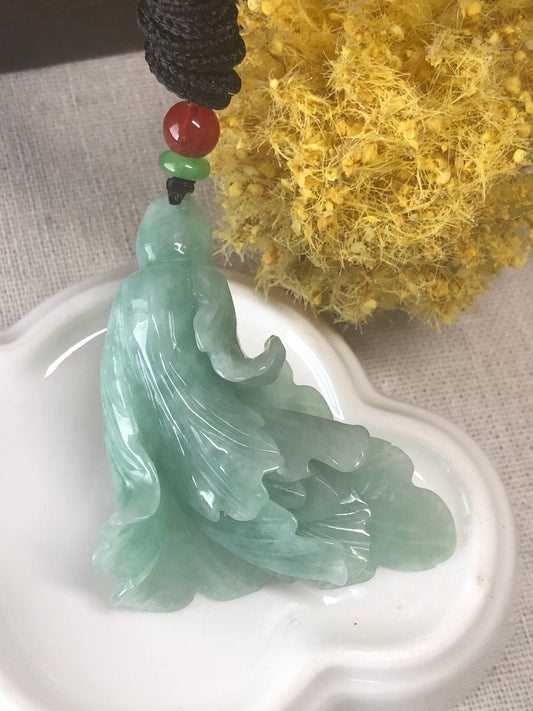 49.7mm Grade A Jade Jadeite Green Carved Flower Pendant Charm