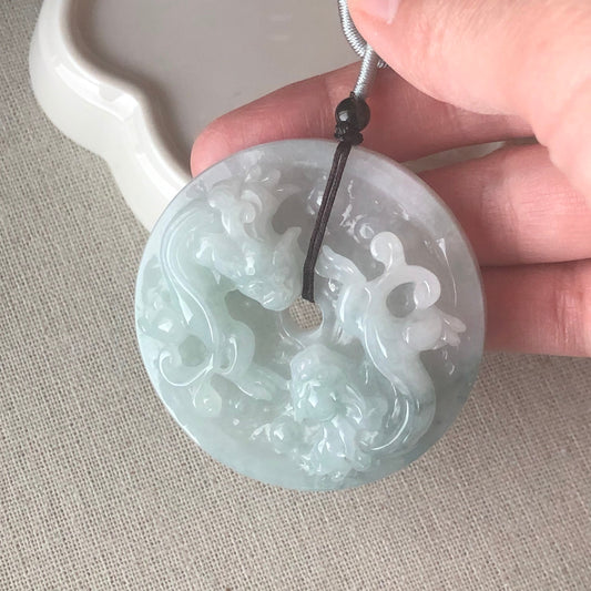 51.7mm Grade A Jade Jadeite Tint Green carved double pixiu dragon Pendant