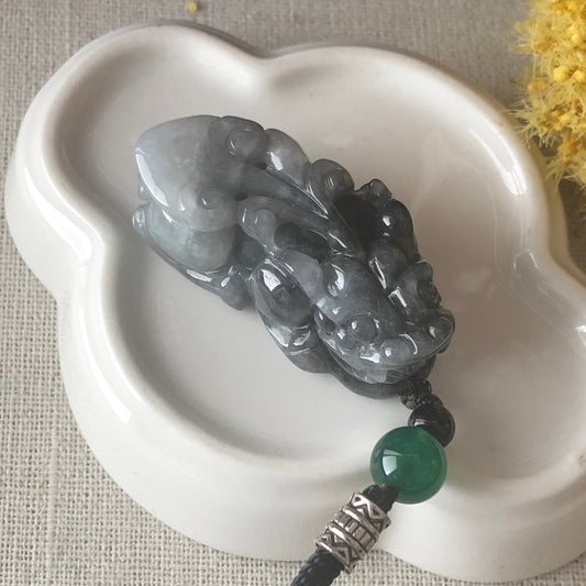 42.1mm Grade A Jade Jadeite Wuji Gradient Carved Ruyi Pixiu Pendant