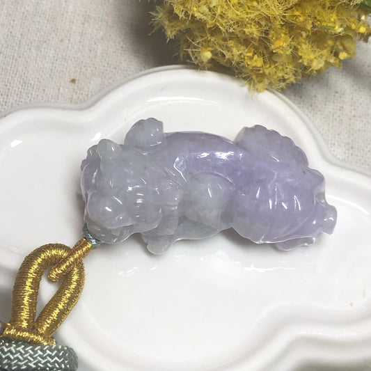 42.1mm Grade A Jade Jadeite Earthy Lavender Duo Gradient Carved Tiger Pendant