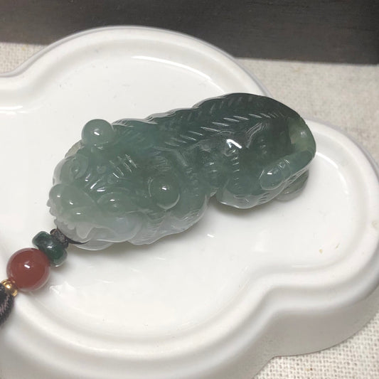 44.3 Grade A Jade Jadeite Icy Blue Green Duo Gradient Carved Tiger Pendant