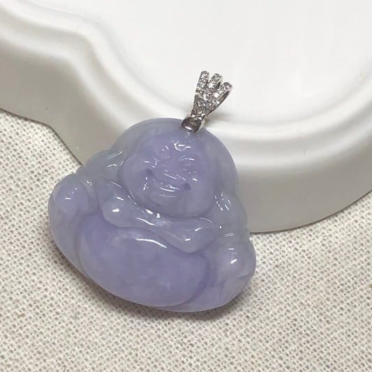 18K White Gold Bail Jade Jadeite Earthy Lavender Carved Buddha Pendant