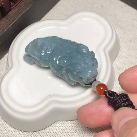 45.9mm Grade A Rich Sky Blue Carved Tiger Pendant RARE