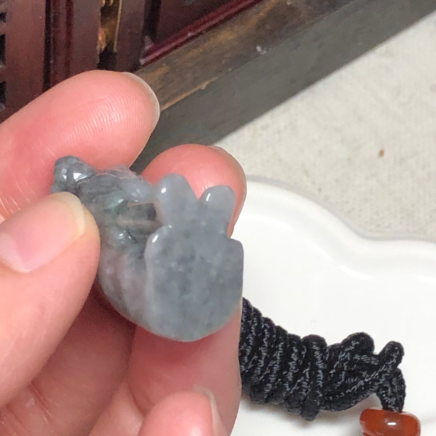 29.6mm Icy Jadeite Jade Carved Wuji Grey  Lion Pendant 2582